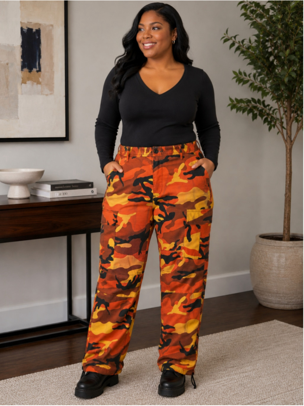Rothco Cargo Pants Orange Black Camo Straight Leg Women’s Size M